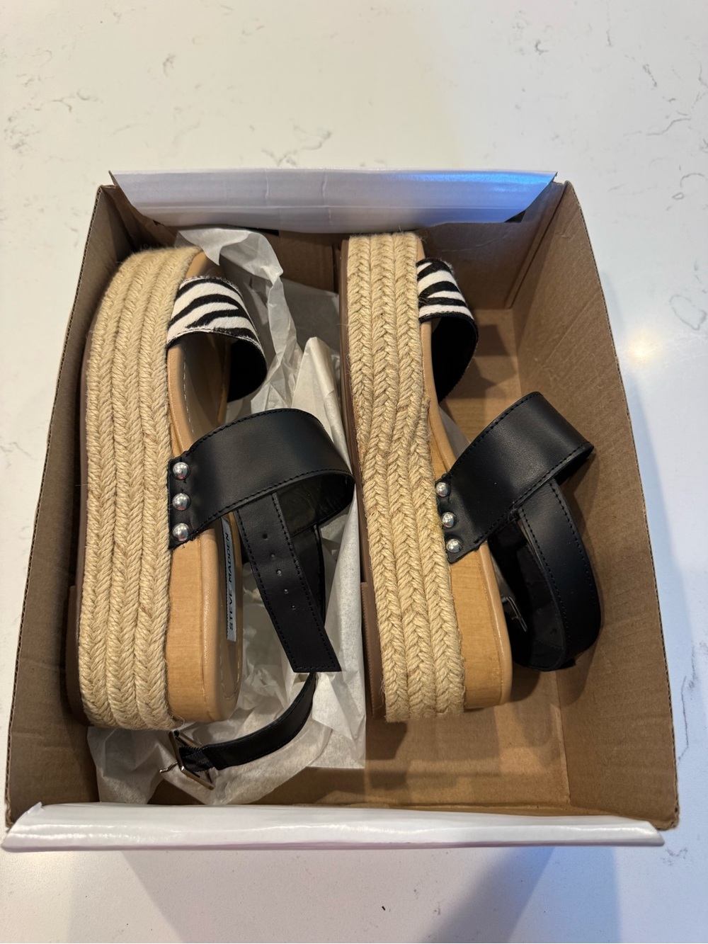 Steve Madden Platform Zebra Print Buckle Leather Hemp Sandals 7.5 NEW IN BOX